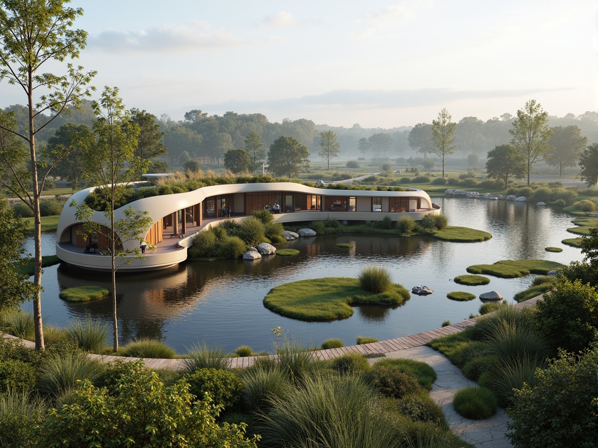 Prompt: Eco-friendly wetland center, harmonious blend of nature and architecture, curved lines, organic forms, living roofs, green walls, native plant species, bird-watching decks, boardwalks, wildlife observation areas, natural ventilation systems, recycled materials, low-carbon footprint, serene atmosphere, soft diffused lighting, shallow water reflections, misty mornings, 1/2 composition, realistic textures, ambient occlusion.