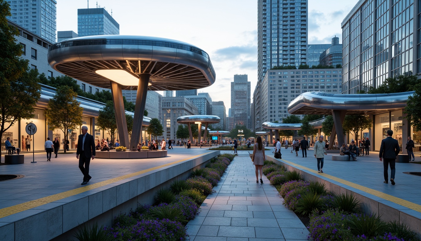 Prompt: Futuristic tram station, curved blob-like structures, sleek metallic surfaces, vibrant LED lighting, urban cityscape, bustling streets, pedestrian pathways, green roofs, public art installations, modern street furniture, dynamic curves, cantilevered roofs, angular lines, futuristic materials, sustainable energy solutions, solar panels, wind turbines, water conservation systems, eco-friendly materials, innovative cooling technologies, shaded outdoor spaces, misting systems, panoramic views, shallow depth of field, 3/4 composition, realistic textures, ambient occlusion.