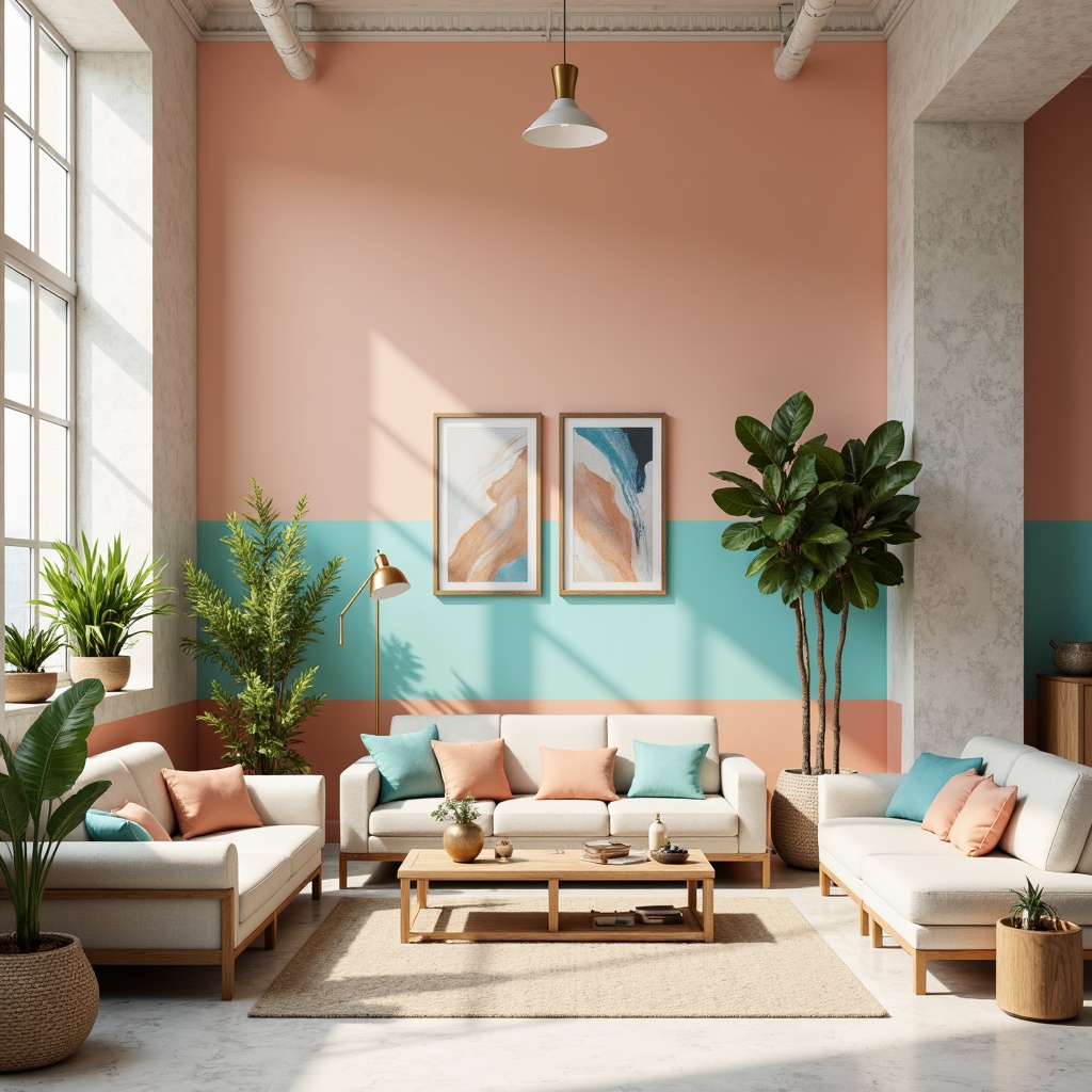 Prompt: \Vibrant design studio, trendy modern furniture, pastel color scheme, soft peach walls, bold turquoise accents, creamy white marble, metallic gold decorations, minimalist decor, plenty of natural light, airy atmosphere, Scandinavian-inspired aesthetic, 1/1 composition, soft focus, warm lighting, shallow depth of field, realistic textures, ambient occlusion.\