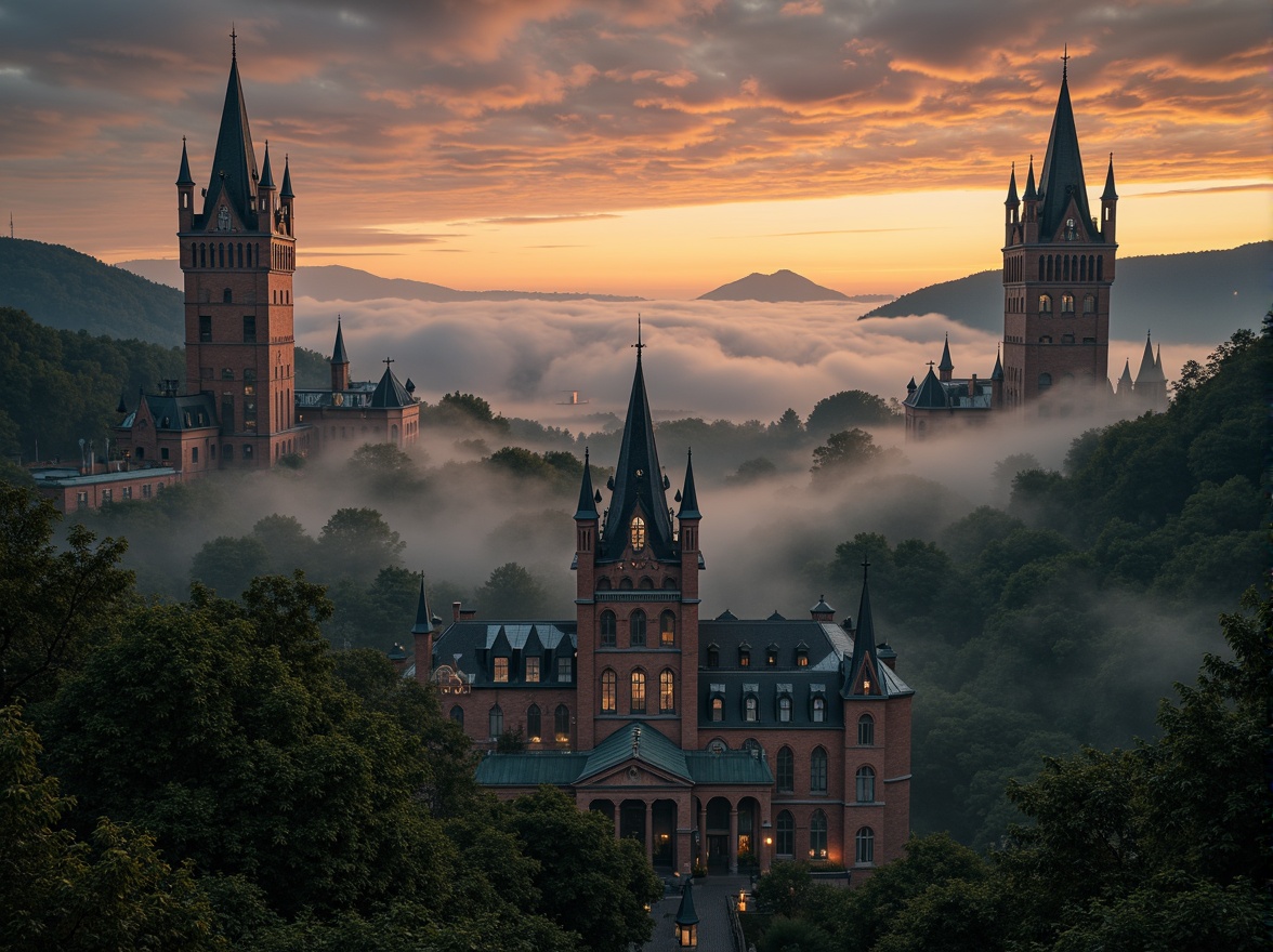 Prompt: Majestic towers, Gothic spires, grandiose architecture, mysterious mist, warm sunset lighting, dramatic clouds, rolling hills, lush green forests, winding stone paths, ancient trees, overgrown vines, intricate ironwork, ornate balconies, stained glass windows, cozy lanterns, mystical ambiance, shallow depth of field, 1/2 composition, cinematic framing, soft focus, warm color palette.