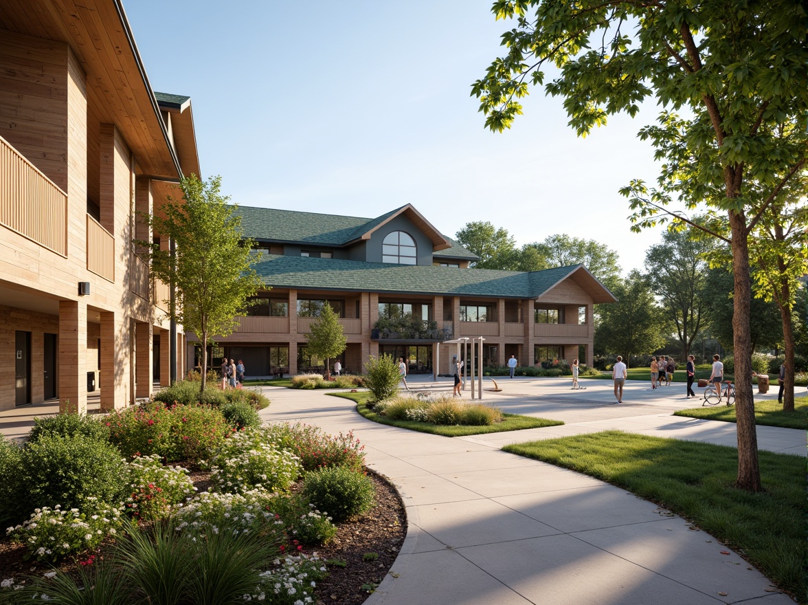 Prompt: Rustic gymnasium building, regionalism style architecture, earthy tone facade, natural stone walls, wooden accents, green roof, lush foliage, blooming flowers, curved walkways, meandering paths, serene courtyard, outdoor exercise stations, sports equipment, athletic tracks, modern lighting fixtures, soft warm ambiance, shallow depth of field, 1/2 composition, realistic textures, ambient occlusion, warm sunny day, gentle breeze.