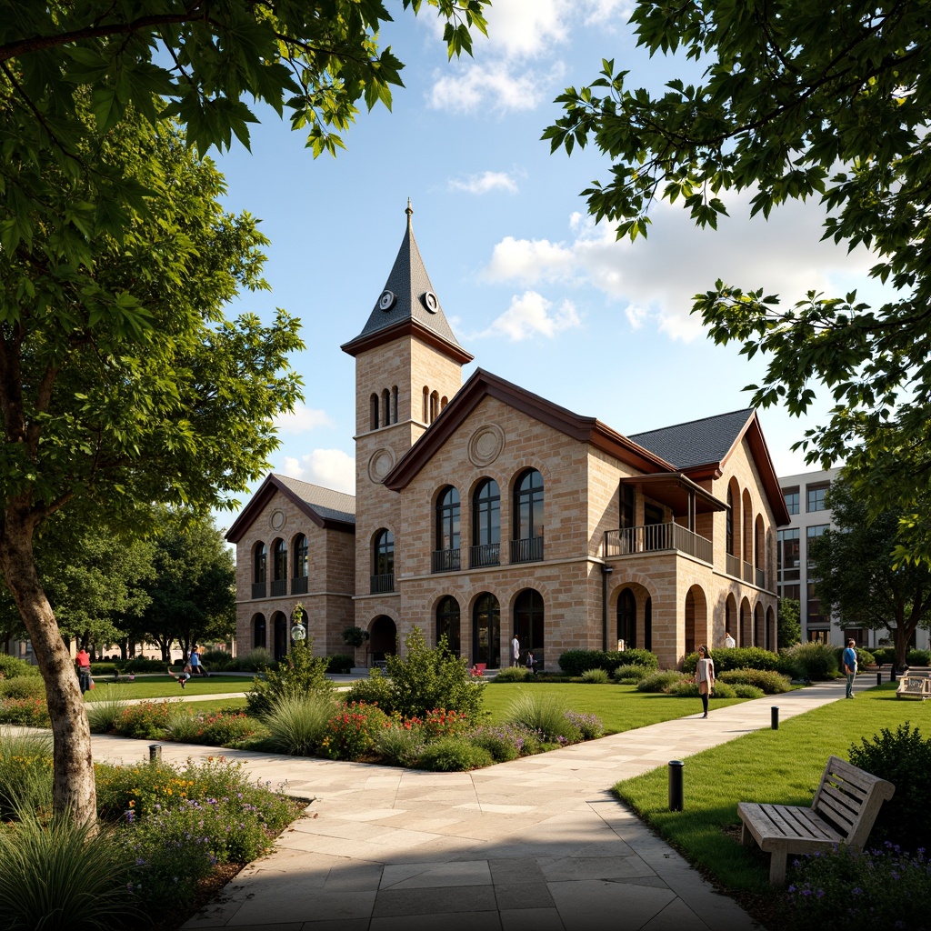 Prompt: Quintessential Romanesque school building, rustic stone fa\u00e7ade, ornate archways, lush greenery, vibrant flowers, manicured lawns, meandering walkways, weathered benches, historic lampposts, natural stone pavers, asymmetrical tree placement, dappled shade, warm afternoon sunlight, soft focus, 1/2 composition, intimate framing, realistic textures, ambient occlusion.