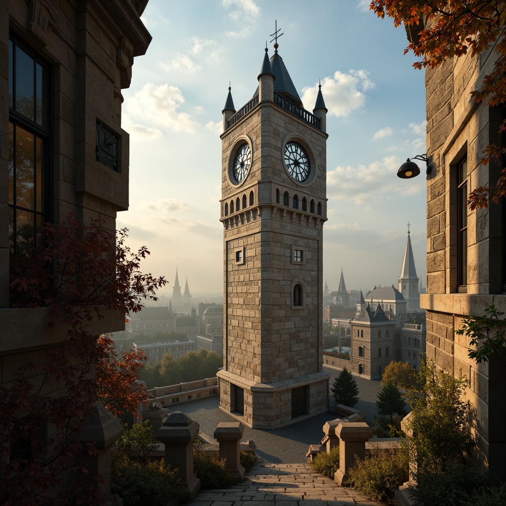 Prompt: Elegant watchtower, slender silhouette, rustic stone walls, wooden accents, medieval-inspired architecture, ornate ironwork, grand clock faces, intricate stonework patterns, atmospheric misty mornings, warm golden lighting, shallow depth of field, 1/1 composition, dramatic shadows, high vantage point, panoramic view, realistic textures, ambient occlusion.