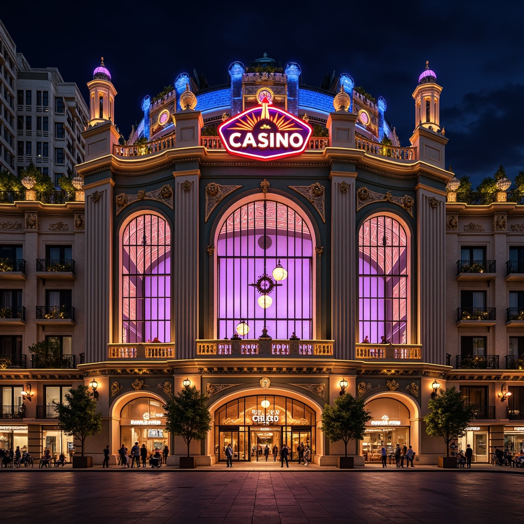 Prompt: Grandiose casino facade, ornate architectural details, lavish decorations, sweeping arches, grand entranceways, regal columns, intricate stonework, vibrant neon signage, bustling cityscape, nighttime ambiance, soft warm lighting, shallow depth of field, 3/4 composition, realistic textures, ambient occlusion, academic-inspired clock towers, rusticated stone walls, ornate balconies, glazed ceramic tiles, metallic accents, luxurious materials, opulent chandeliers.