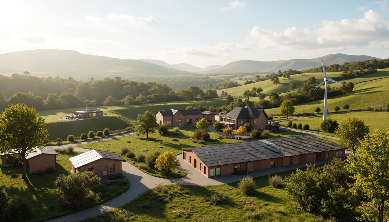 Prompt: Rustic farmland, rolling hills, green pastures, windmills, solar panels, modern charging stations, sleek metal canopies, verdant roofs, natural stone foundations, wooden fences, rural roads, scenic vistas, warm sunny day, soft gentle lighting, shallow depth of field, 1/1 composition, panoramic view, realistic textures, ambient occlusion.