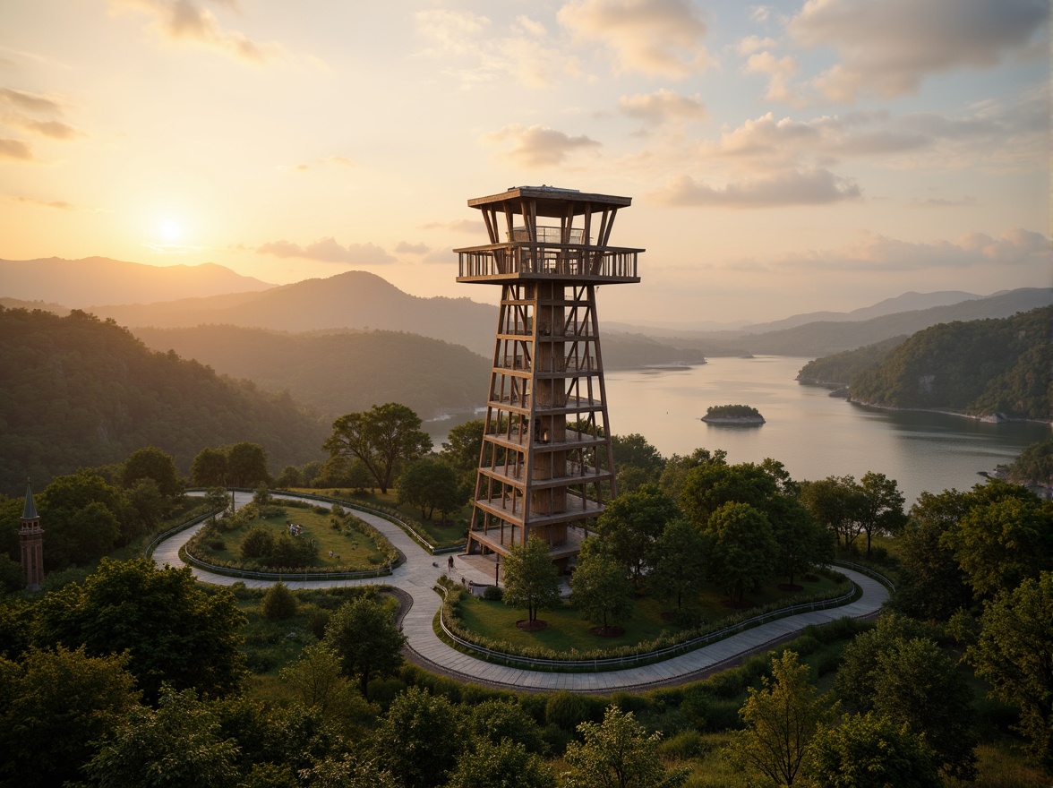 Prompt: Panoramic watching tower, harmonious landscape integration, rolling hills, lush green forests, serene lakeside scenery, winding stone paths, wooden observation decks, natural rock formations, bird's eye view, dramatic sunset, warm golden lighting, atmospheric mist, 1/1 composition, symmetrical architecture, minimalist design, earthy tones, recycled materials, eco-friendly infrastructure, wildlife conservation areas, botanical gardens, scenic lookout points, telescopic views, rustic wooden textures, ambient occlusion.