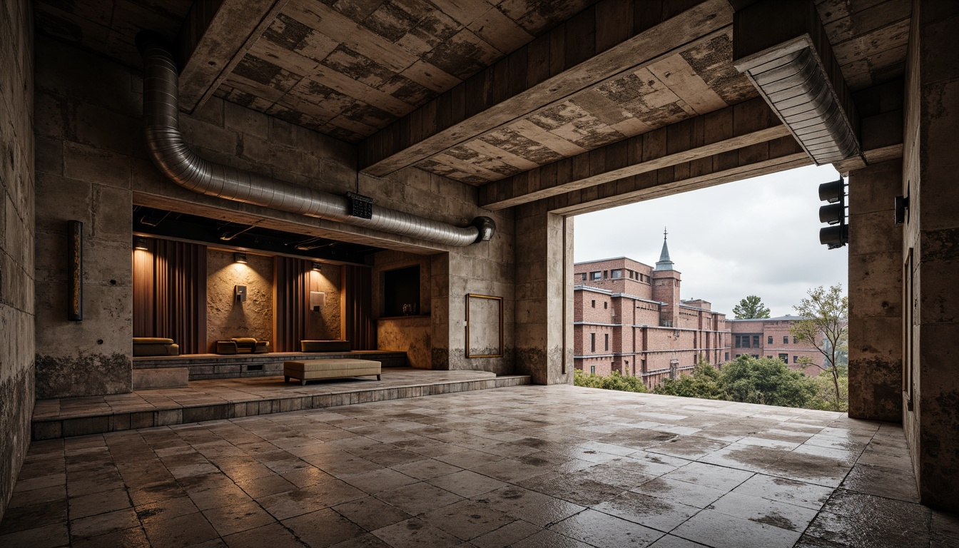 Prompt: Rough-hewn concert house, brutalist architecture, rugged concrete walls, exposed ductwork, industrial metal beams, raw wooden accents, distressed stone floors, textured brick facades, dramatic angular forms, fortress-like structures, urban cityscape, overcast skies, diffused natural light, warm color palette, low-key lighting, shallow depth of field, 2/3 composition, realistic textures, ambient occlusion.