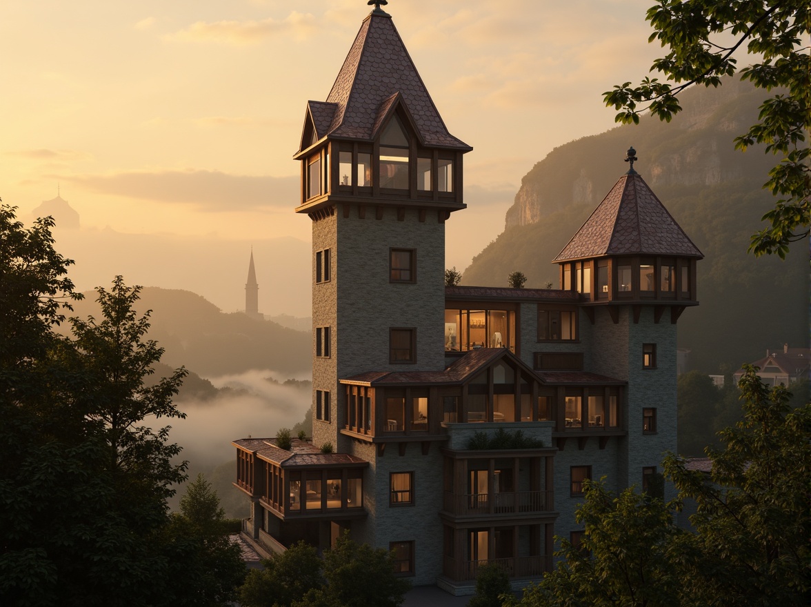 Prompt: Elegant watchtower, slender silhouette, rustic stone walls, wooden accents, copper roofs, medieval-inspired architecture, mysterious atmosphere, misty dawn, warm golden lighting, shallow depth of field, 1/2 composition, cinematic view, detailed textures, ambient occlusion.