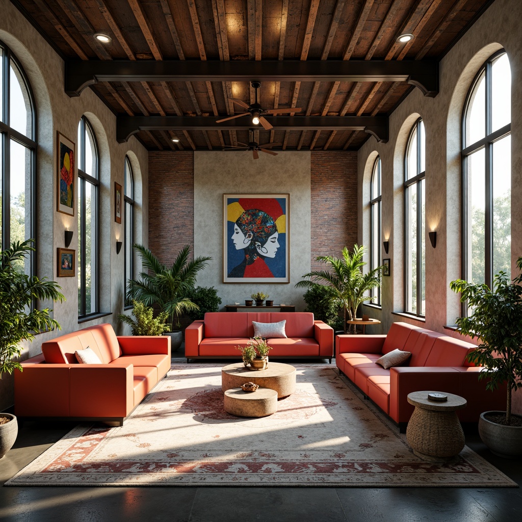 Prompt: Vibrant artistic studio, eclectic furniture, abstract artwork, bold color schemes, contrasting textures, modern industrial architecture, exposed brick walls, polished concrete floors, sleek metal beams, natural light pouring in, warm atmospheric glow, softbox lighting, 1/1 composition, shallow depth of field, realistic renderings, ambient occlusion.