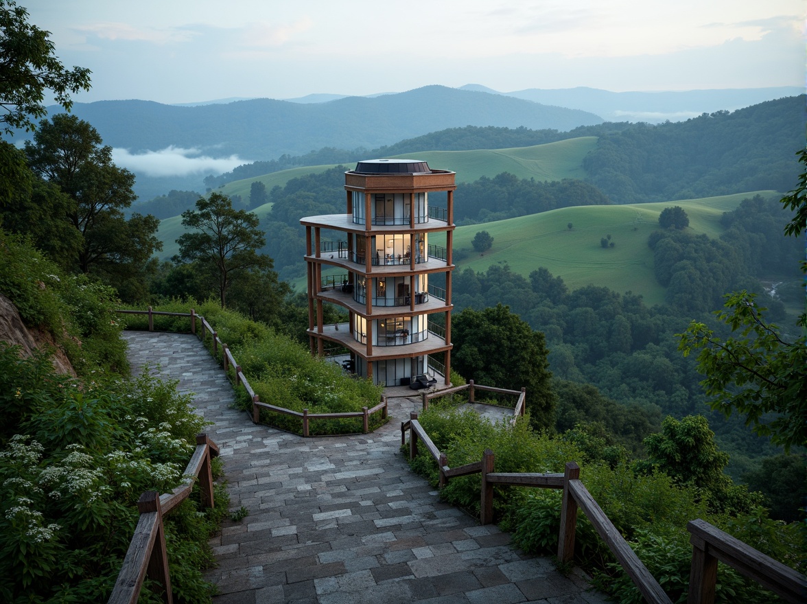 Prompt: Scenic watching tower, harmonious landscape integration, rolling hills, lush green forests, winding stone pathways, elevated platforms, panoramic views, binocular installations, informative signs, rustic wooden accents, natural stone foundations, curved lines, organic architecture, ambient lighting, misty mornings, soft focus effect, 1/2 composition, realistic textures, atmospheric perspective.