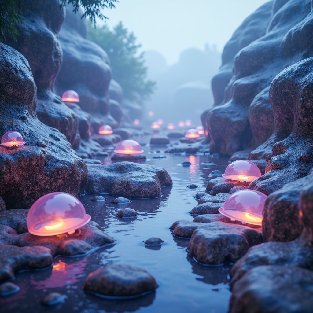 Prompt: Organic blob-like structures, translucent glass surfaces, iridescent colors, shimmering effects, amorphous shapes, fluid dynamics, soft glowing lighting, misty atmospheric conditions, futuristic ambiance, surreal landscapes, dreamlike scenarios, abstract geometries, jellyfish-inspired forms, gelatinous textures, bio-luminescent accents, neon-like highlights, 3D printing technologies, algorithmic design, parametric modeling, NURBS curves, mesh networks, computer-aided manufacturing processes.