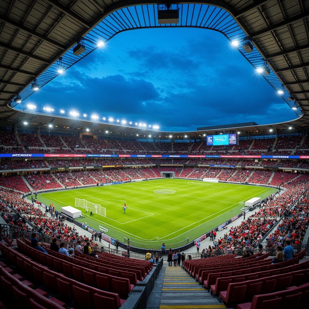 Prompt: Grandstand seating, tiered levels, vibrant stadium colors, lush green athletic fields, modern scoreboard displays, sleek metal railings, open-air concourses, dynamic lighting systems, evening event ambiance, warm floodlights, shallow depth of field, 1/2 composition, panoramic views, realistic textures, ambient occlusion.