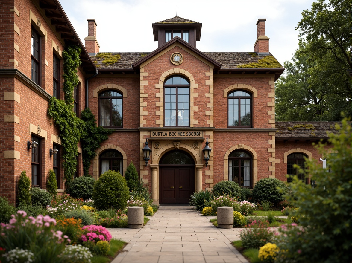 Prompt: Rustic school building, Romanesque style facade, arched windows, rounded doorways, ornate stone carvings, intricate brick patterns, warm earthy tones, moss-covered roofs, ivy-clad walls, lush greenery, vibrant flowers, educational signs, traditional architecture, classical columns, grand entrance halls, high ceilings, stained glass windows, soft warm lighting, shallow depth of field, 3/4 composition, panoramic view, realistic textures, ambient occlusion.