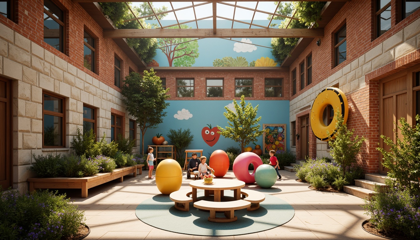 Prompt: Vibrant kindergarten playground, colorful murals, playful sculptures, brick masonry texture, rustic stone walls, wooden accents, cozy reading nooks, circular windows, natural light pouring in, soft warm atmosphere, 1/1 composition, shallow depth of field, realistic rendering, ambient occlusion.