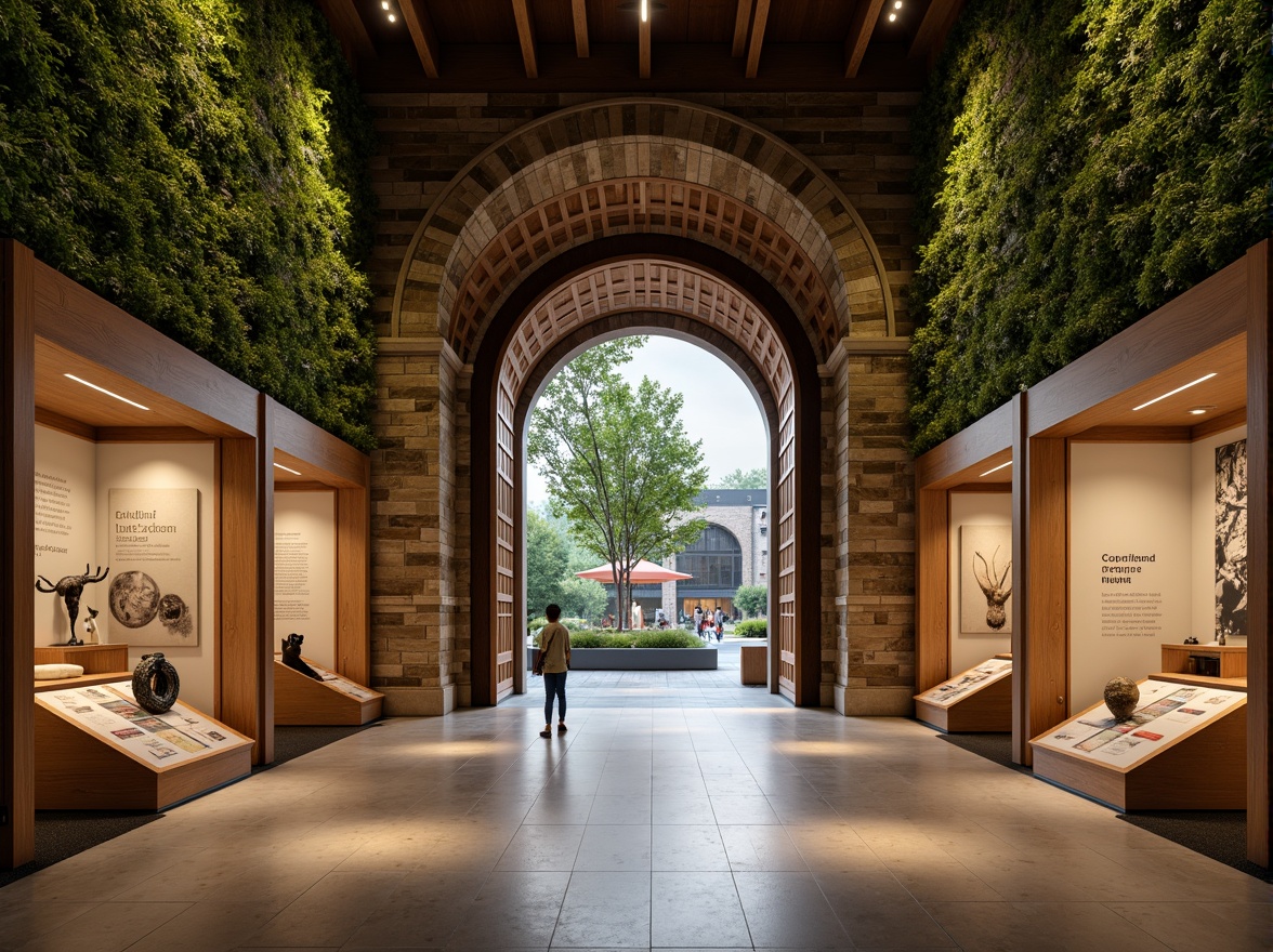 Prompt: Majestic museum entrance, reclaimed wood doors, living green walls, natural stone flooring, earthy toned brick facades, grand atriums, abundant daylight, warm wooden accents, organic shapes, minimalist exhibits, immersive displays, interactive technology, LED lighting, soft shadows, 1/2 composition, shallow depth of field, realistic textures, ambient occlusion, serene atmosphere, cultural artifacts, educational graphics.