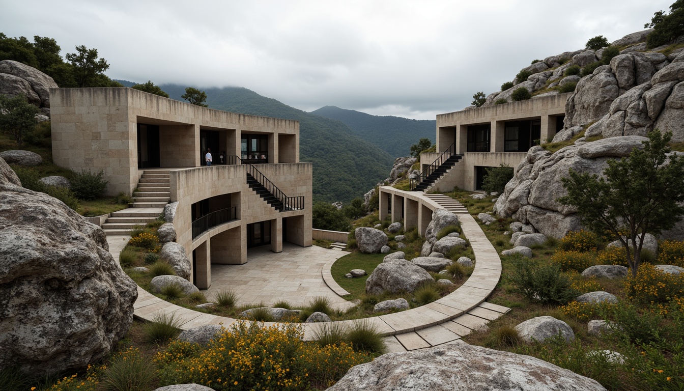 Prompt: Rugged natural landscape, rocky outcrops, wildflowers, meandering pathways, brutalist amphitheater architecture, raw concrete structures, angular lines, monumental scale, open-air gathering spaces, tiered seating, dramatic staircases, weathered metal accents, earthy color palette, overcast sky, soft misty lighting, atmospheric perspective, 1/2 composition, cinematic framing, detailed rock textures, ambient occlusion.Please let me know if this meets your requirements!