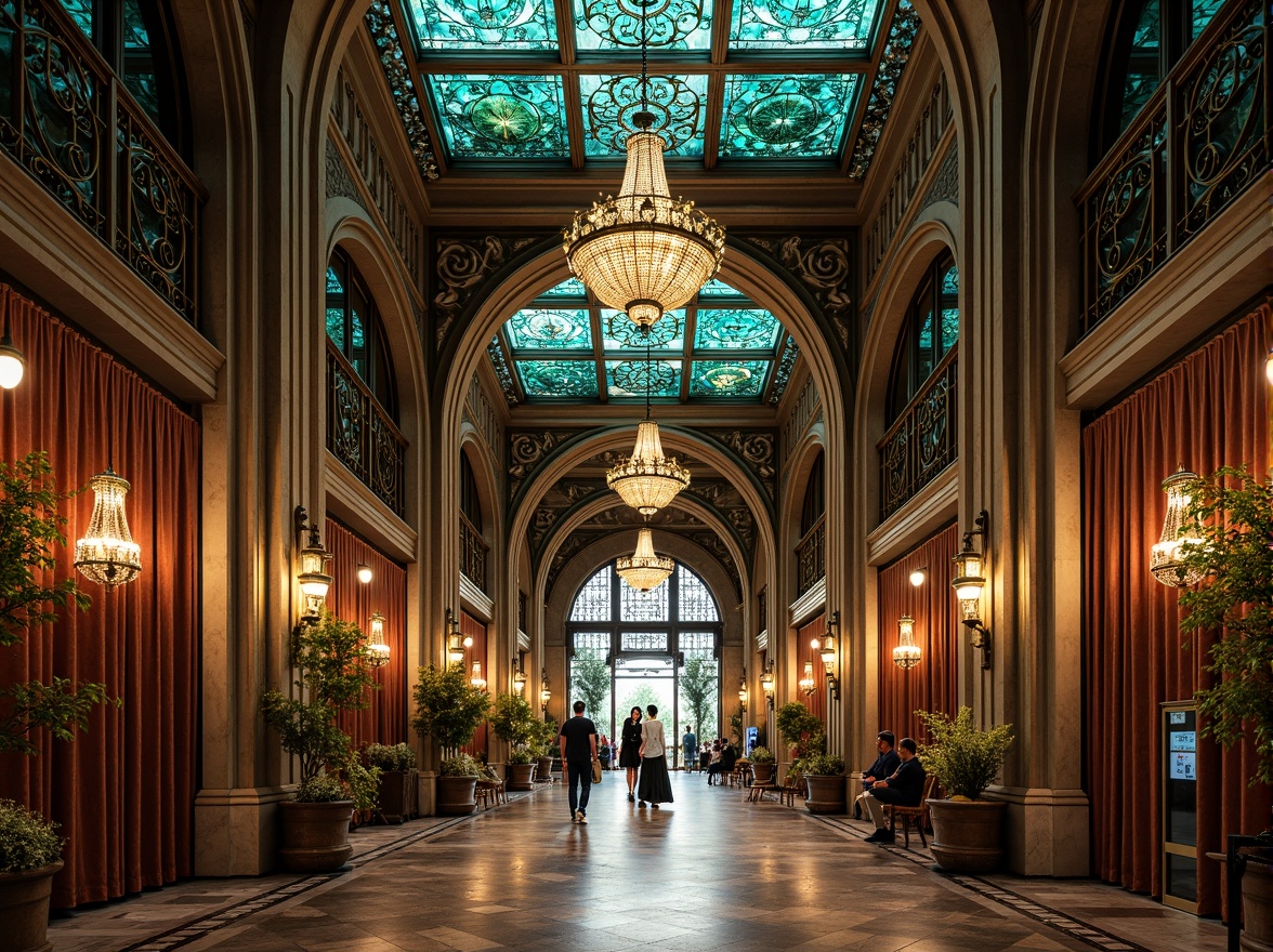 Prompt: Intricate ironwork, flowing organic lines, ornate facades, grand entrance archways, stained glass ceilings, vibrant turquoise mosaics, sweeping curves, botanical motifs, luxurious velvet drapes, gilded accents, sculpted figurines, grand chandeliers, polished marble floors, soft warm lighting, shallow depth of field, 1/2 composition, intimate atmosphere, warm color palette, rich textures, ambient occlusion.