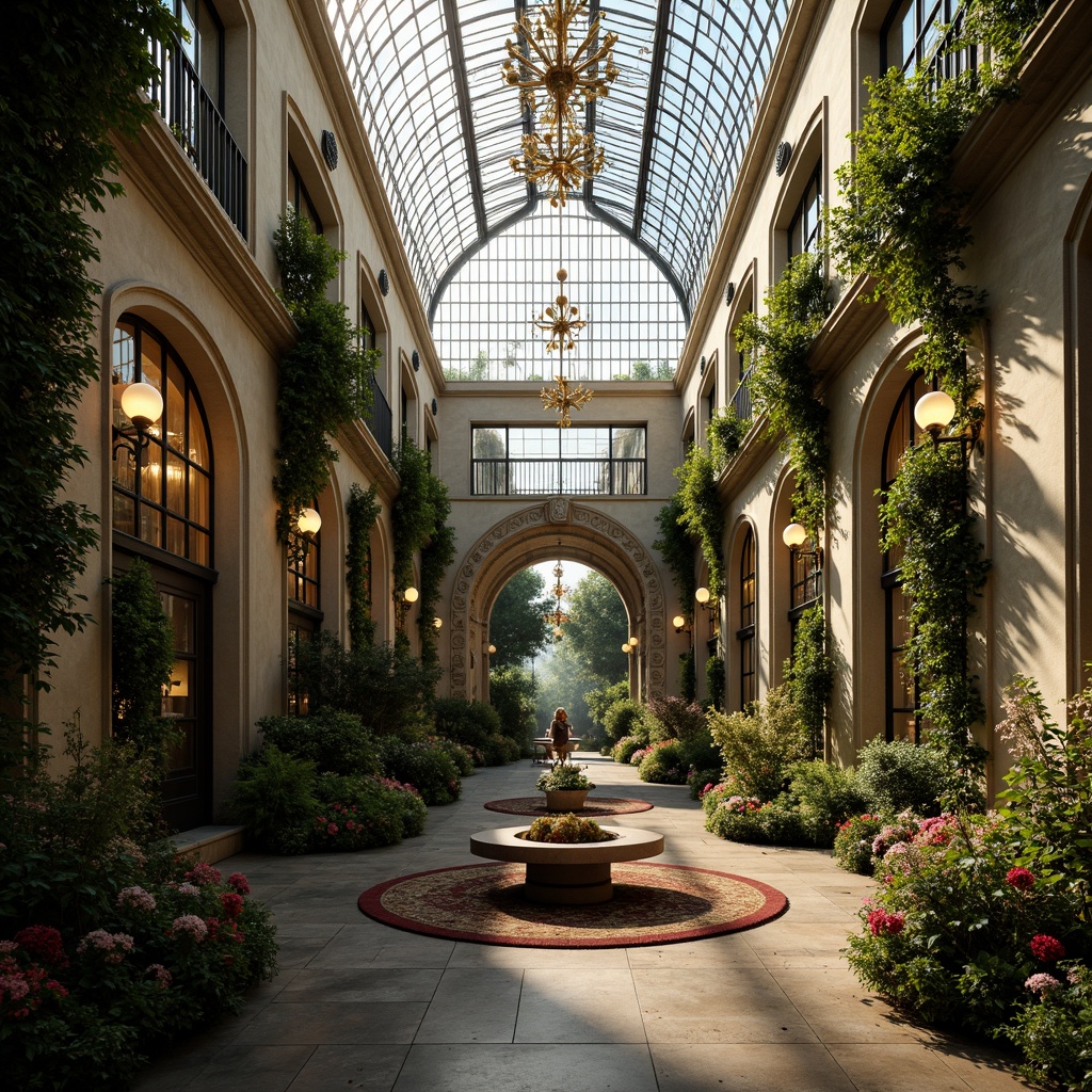 Prompt: Grandiose greenhouse, intricate stone carvings, ornate metal frameworks, lush greenery, exotic flowers, vines crawling up walls, grand chandeliers, sparkling crystals, lavish furnishings, velvet drapes, golden accents, regal atmosphere, soft warm lighting, shallow depth of field, 1/1 composition, symmetrical layout, ornate mirror reflections, realistic textures, ambient occlusion.