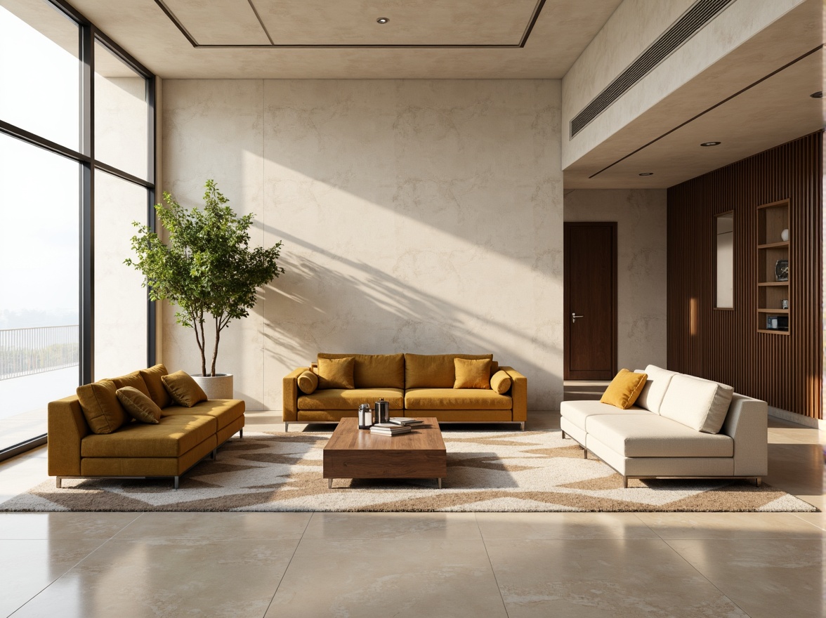 Prompt: Luxurious living room, sleek minimalist furniture, creamy marble floors, textured beige walls, floor-to-ceiling windows, natural light pouring in, plush velvet sofas, chrome metal accents, geometric patterned rugs, ambient soft lighting, 1/1 composition, shallow depth of field, realistic textures.