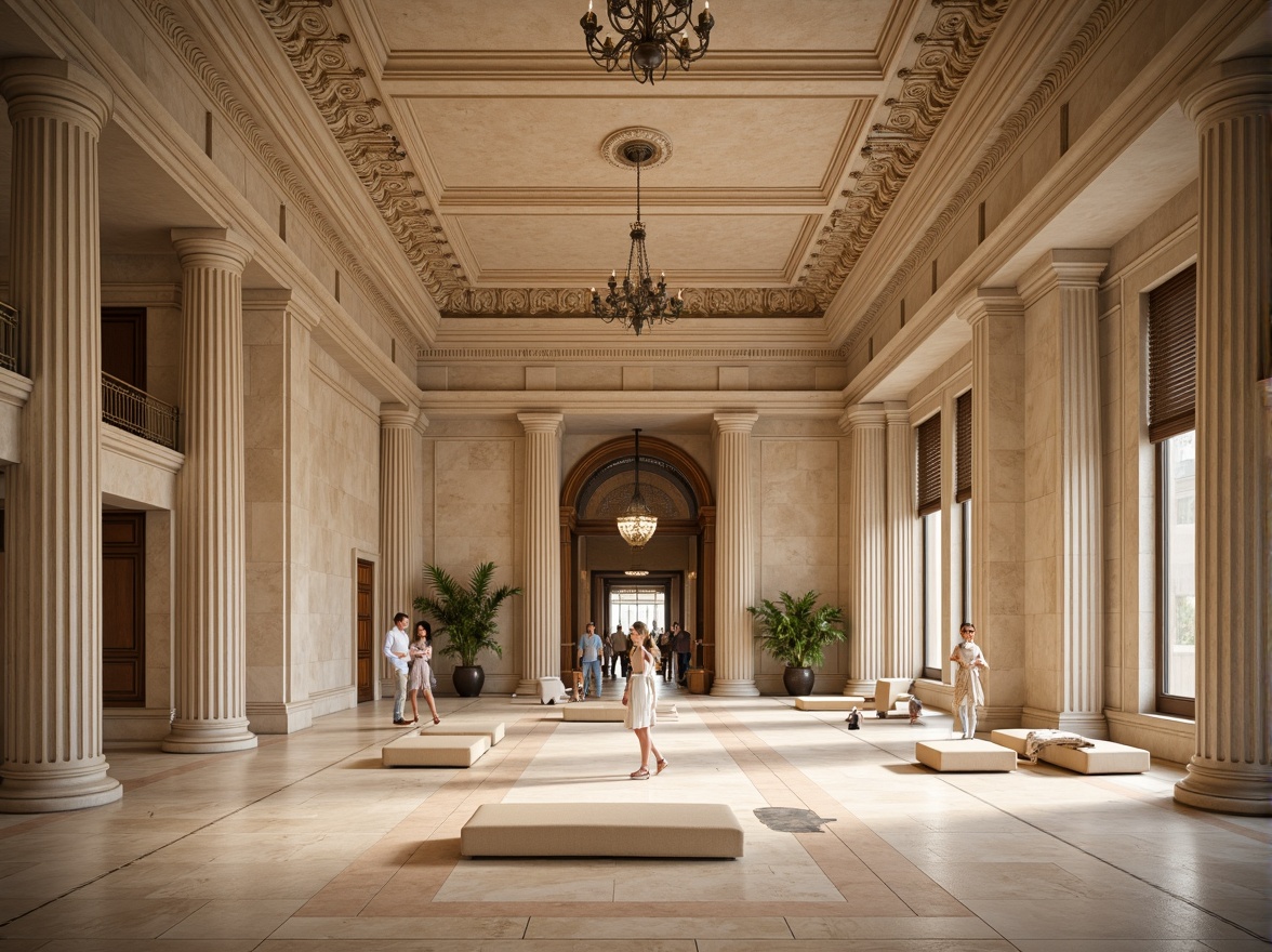 Prompt: Grand neoclassical facade, ornate columns, symmetrical composition, limestone walls, marble flooring, high ceilings, intricate moldings, eco-friendly materials, recycled stone, low-carbon concrete, energy-efficient windows, solar panels, green roofs, natural ventilation systems, ambient lighting, warm beige tones, soft shadows, 1/1 composition, shallow depth of field, realistic textures, subtle weathering effects.