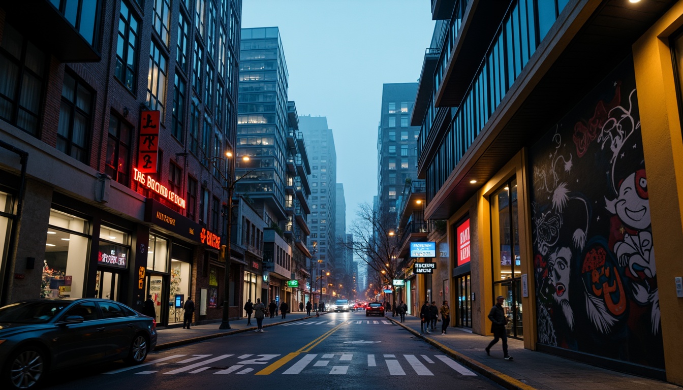 Prompt: Urban cityscape, sleek skyscrapers, modern architecture, concrete jungle, bustling streets, vibrant neon lights, graffiti murals, industrial textures, metallic accents, dark alleys, moody nighttime atmosphere, foggy mist, warm streetlights, cinematic depth of field, 2.35