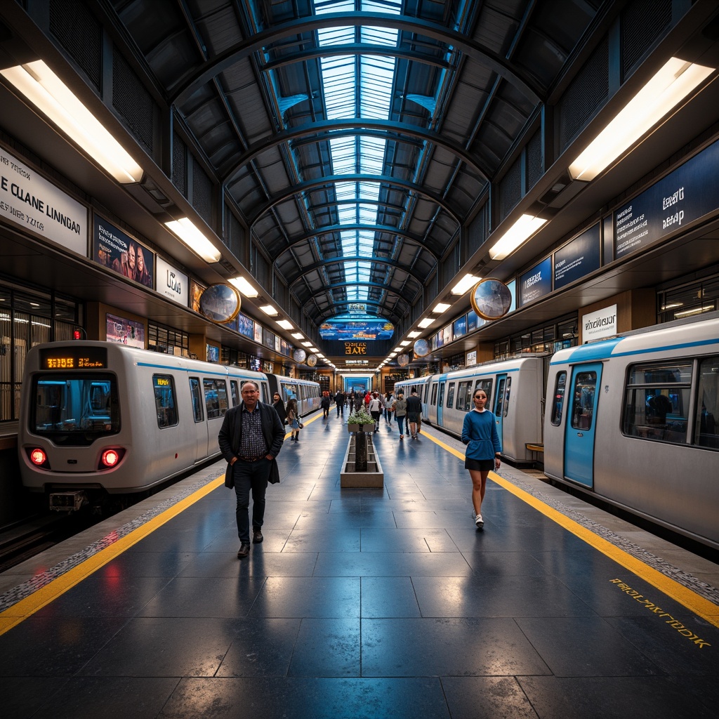 Prompt: Modern metro station, sleek trains, bustling crowds, urban atmosphere, bright LED lighting, futuristic lamp posts, glowing signage, stainless steel handrails, polished marble floors, high ceilings, grand arches, intricate tile work, dynamic color schemes, warm ambient glow, soft focused lighting, 1/1 composition, symmetrical framing, realistic reflections, detailed textures.