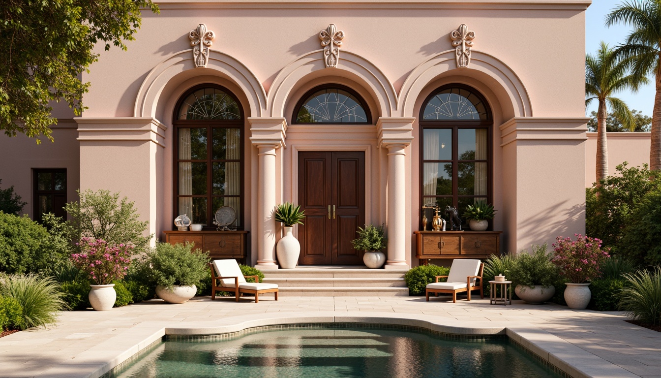 Prompt: Soft pink stucco facade, ornate ironwork details, delicate stone carvings, curved archways, grand entrance doors, stained glass windows, subtle floral patterns, warm beige tones, rustic wooden accents, vintage medical equipment decorations, lush greenery surroundings, blooming flowers, tranquil water features, sunny afternoon light, soft warm glow, shallow depth of field, 2/3 composition, romantic nostalgic ambiance, realistic textures, ambient occlusion.