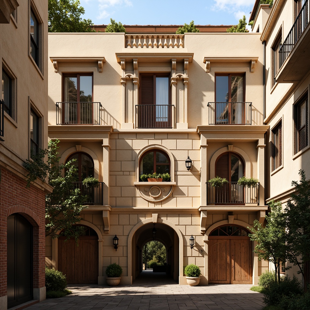 Prompt: Rustic loft building, Romanesque style facade, warm beige stone walls, ornate arches, rounded windows, decorative columns, intricate carvings, wooden shutters, iron balconies, distressed brick accents, vintage metal lanterns, weathered copper roofs, soft golden lighting, shallow depth of field, 1/1 composition, atmospheric perspective, realistic textures, ambient occlusion.