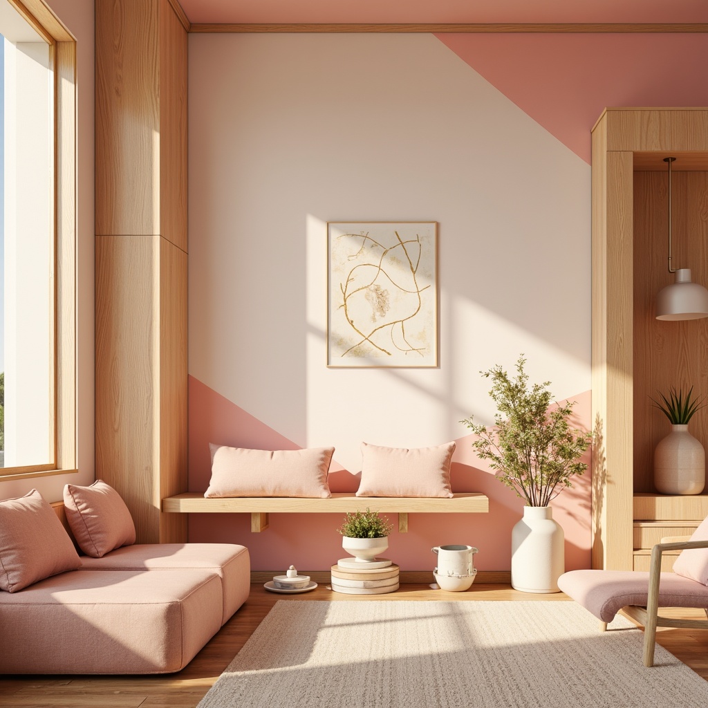 Prompt: Vibrant modern interior, minimalist decor, pastel hues, soft peach tones, creamy whites, rich wood accents, metallic gold details, natural textiles, woven fibers, earthy undertones, subtle gradients, ombre effects, 3D modeling, atmospheric lighting, warm ambient glow, cinematic composition, high contrast ratio, bold color blocking, artistic freedom.