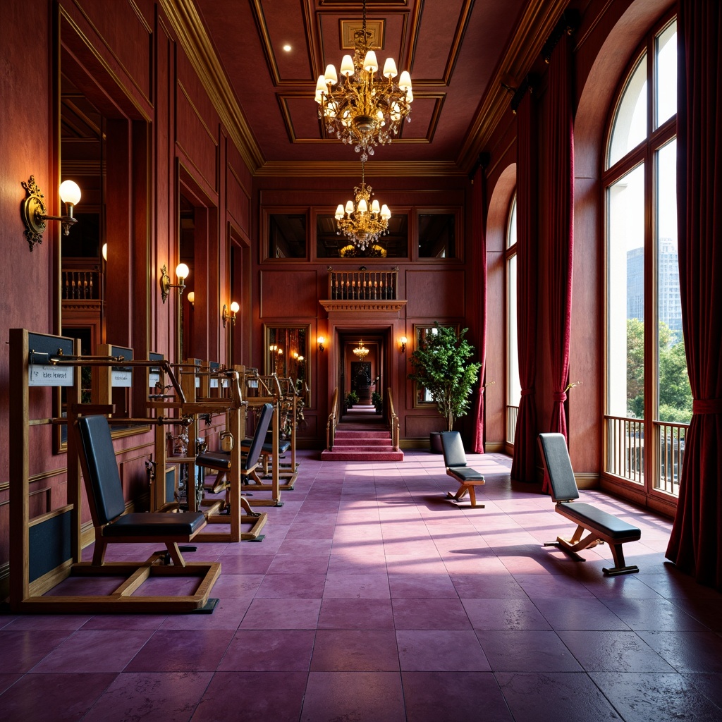 Prompt: Luxurious fitness studio, rich wood accents, opulent gold hardware, velvet drapes, ornate mirrors, lavish chandeliers, bold red walls, deep purple floors, metallic bronze equipment, intricate tile patterns, grandiose archways, dramatic ceiling heights, soft warm lighting, high-contrast shadows, 1/1 composition, symmetrical framing, realistic textures, ambient occlusion.