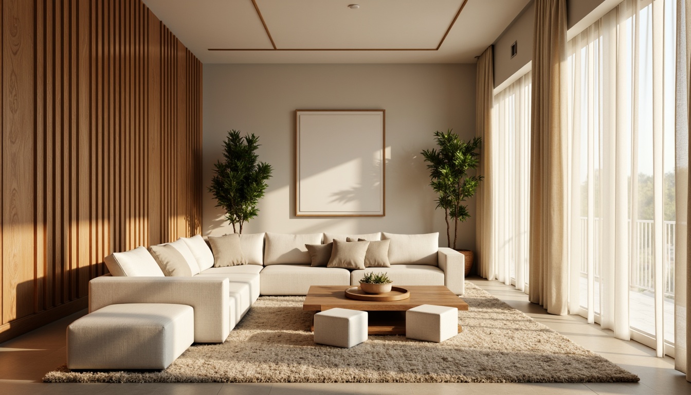 Prompt: Cozy apartment interior, warm beige walls, rich wood accents, plush area rugs, comfortable sofas, modern minimalist decor, large windows, natural light, soft creamy curtains, calming color scheme, earthy tones, sage greenery, creamy whites, warm golden lighting, 1/1 composition, realistic textures, ambient occlusion.