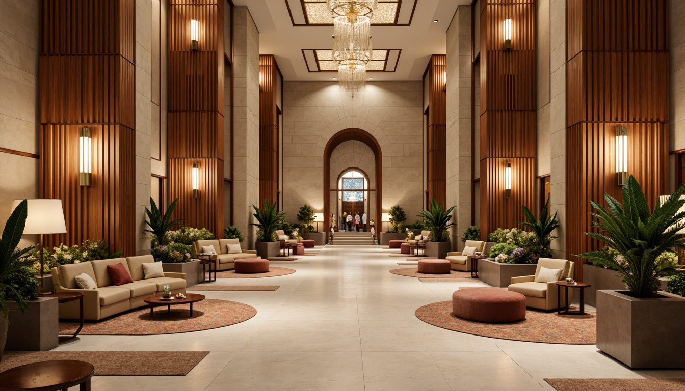 Prompt: Luxurious hotel lobby, rich wood accents, stone walls, polished marble floors, plush area rugs, velvet upholstery, metallic lighting fixtures, grand chandeliers, sweeping staircases, elegant archways, warm beige tones, soft golden lighting, shallow depth of field, 1/1 composition, realistic textures, ambient occlusion.