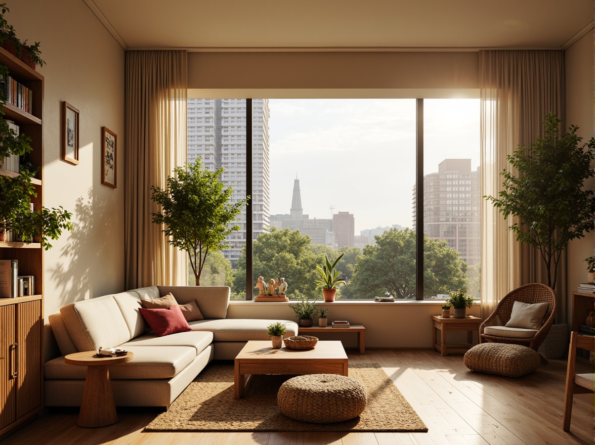 Prompt: Cozy apartment interior, soft warm lighting, inviting color scheme, earthy tones, beige walls, rich wood accents, plush furnishings, vibrant greenery, natural textiles, woven baskets, modern minimalist decor, large windows, cityscape views, gentle morning sunlight, 1/1 composition, shallow depth of field, realistic textures.