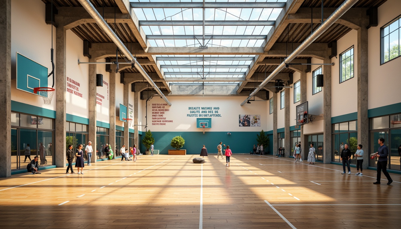 Prompt: Vibrant gymnasium interior, abundant natural light, clerestory windows, skylights, transparent roofs, bright airy atmosphere, polished wooden floors, athletic equipment, basketball hoops, tennis courts, exercise machines, mirrored walls, motivational quotes, modern architecture, minimalist design, industrial chic style, exposed ductwork, concrete columns, high ceilings, dramatic shadows, soft warm lighting, 1/1 composition, symmetrical framing, realistic textures, ambient occlusion.