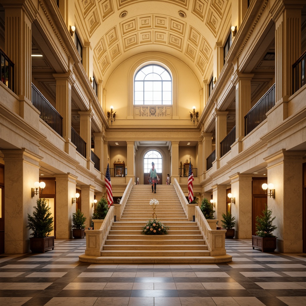 Prompt: Majestic courthouse, neoclassical architecture, symmetrical fa\u00e7ade, grand staircase, ornate columns, elegant balustrades, rich wood tones, cream-colored marble, soft golden lighting, subtle color harmony, warm beige walls, cool gray stone floors, intricate moldings, decorative ceiling patterns, stately furnishings, traditional American flags, dignified atmosphere, shallow depth of field, 1/1 composition, realistic textures.