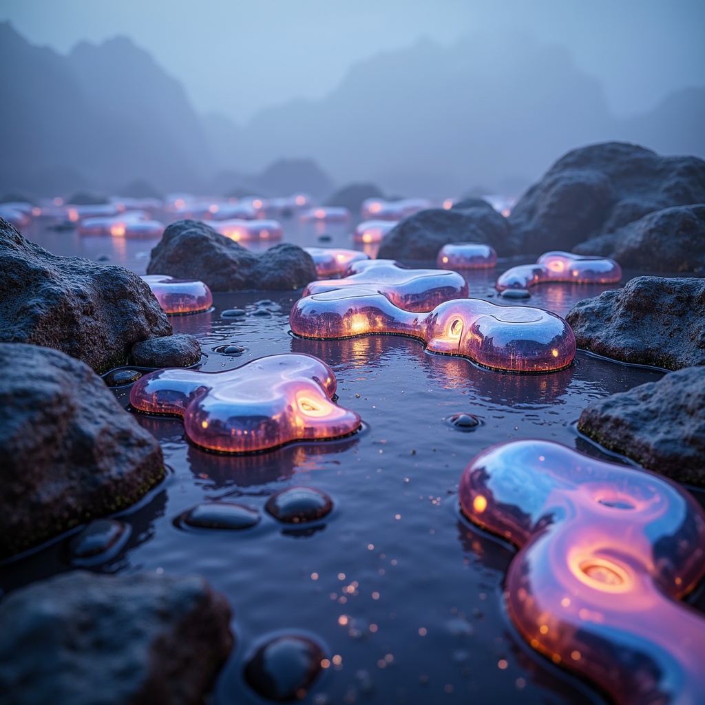 Prompt: Iridescent blob-like structures, translucent membranes, glossy finishes, iridescent colors, soft luminescence, organic forms, futuristic aesthetic, sleek metallic accents, neon-lit ambiance, misty atmosphere, foggy surroundings, mysterious lighting, shallow depth of field, 1/1 composition, panoramic view, realistic textures, ambient occlusion.