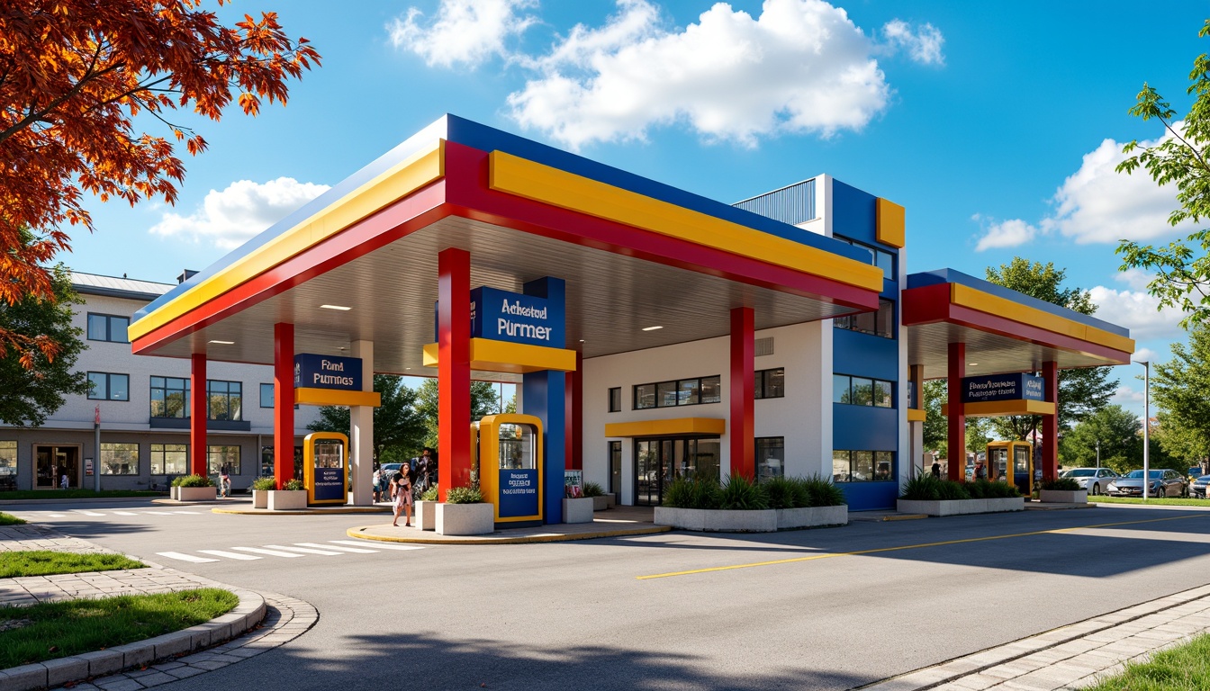 Prompt: Vibrant gas station, primary color scheme, bold geometric shapes, industrial materials, metal canopies, functional architecture, angular lines, rectangular forms, minimalist design, bold typography, red accents, yellow highlights, blue undertones, natural stone foundations, asphalt pavement, urban landscape, sunny day, high-contrast lighting, shallow depth of field, 1/1 composition, symmetrical framing, realistic textures, ambient occlusion.