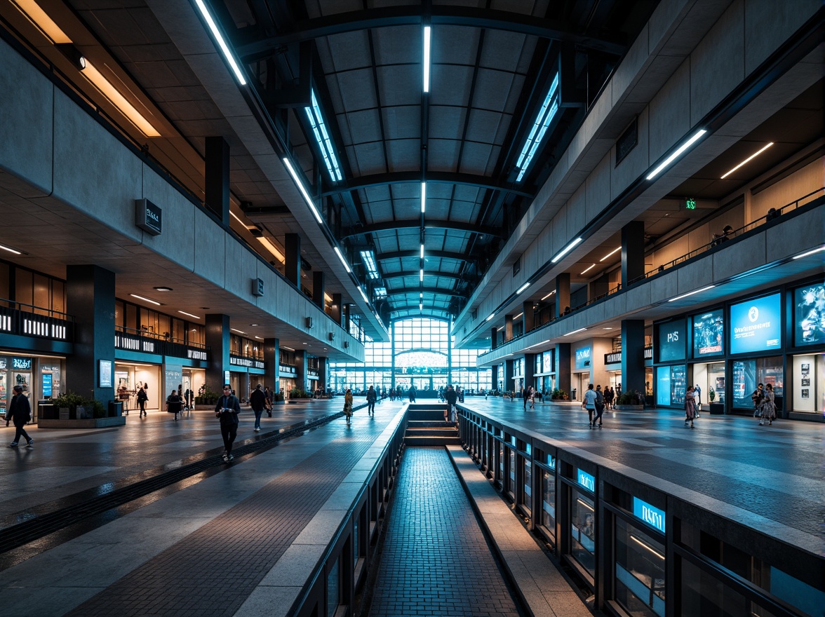 Prompt: Urban metro station, modern architecture, sleek steel beams, concrete columns, futuristic lighting systems, LED strips, neon signs, dynamic color changing effects, soft ambient glow, high-ceilinged vaults, grand staircases, bustling pedestrian traffic, rush hour atmosphere, warm white lighting, cool blue accents, reflective metal surfaces, glass tile floors, industrial-style lamp posts, underground tunnel connections, vibrant advertising displays, real-time information boards, panoramic view, shallow depth of field, 3/4 composition.