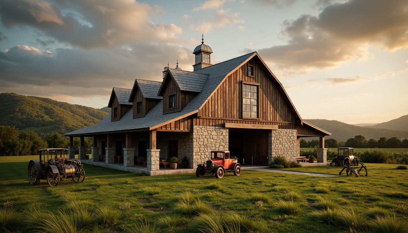 Prompt: Rustic barn, neoclassical elements, symmetrical fa\u00e7ade, stone walls, wooden accents, vintage farm equipment, lush green meadow, rolling hills, serene countryside, dramatic clouds, warm golden lighting, soft focus, shallow depth of field, 2/3 composition, natural textures, ambient occlusion, weathered wood, distressed finishes, ornate metalwork, classic columns, elegant archways.