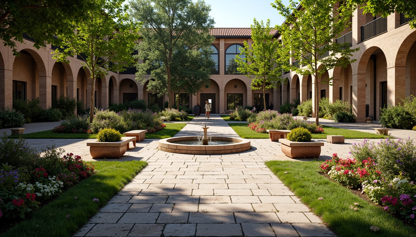 Prompt: \Rustic school courtyard, lush greenery, vibrant flowers, meandering stone pathways, ornate fountains, Romanesque arches, terracotta planters, natural stone benches, weathered copper accents, distressed wood fences, mature trees, dappled shade, warm afternoon lighting, shallow depth of field, 1/1 composition, symmetrical framing, realistic textures, ambient occlusion.\