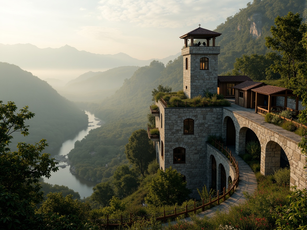 Prompt: Watchtower, rustic stone walls, wooden beam structures, lush greenery integration, natural rock formations, winding staircases, panoramic views, misty mountainous surroundings, early morning fog, warm golden lighting, soft focus, 1/2 composition, atmospheric perspective, realistic foliage, subtle color palette, earthy tones, organic textures.