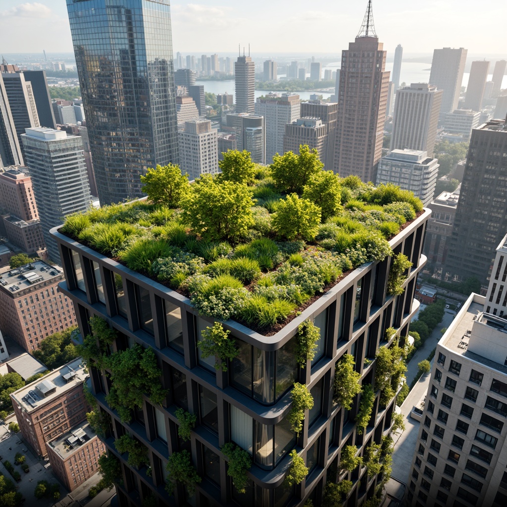 Prompt: Urban skyscraper, lush green roofs, verdant vegetation, succulent plants, modular planters, waterproof membranes, drainage systems, insulation layers, energy-efficient buildings, reduced urban heat island effect, improved air quality, increased biodiversity, habitat creation, stormwater management, noise reduction, aesthetic appeal, modern architecture, sleek glass fa\u00e7ades, cantilevered roofs, panoramic city views, sunny day, soft warm lighting, shallow depth of field, 3/4 composition, realistic textures.