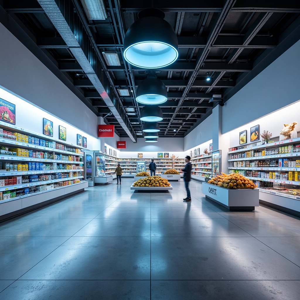 Prompt: Futuristic grocery store interior, neon-lit shelving units, LED strips, glowing product displays, holographic advertisements, sleek metal beams, polished concrete floors, minimalist decor, ambient occlusion, softbox lighting, 1/1 composition, shallow depth of field, panoramic view, realistic reflections, modern futuristic chandeliers, suspended ceiling fixtures, automated sliding doors, electronic price tags, digital signage, virtual product demonstrations, augmented reality shopping experiences, sterile white environments, sanitized surfaces, high-tech inventory management systems.