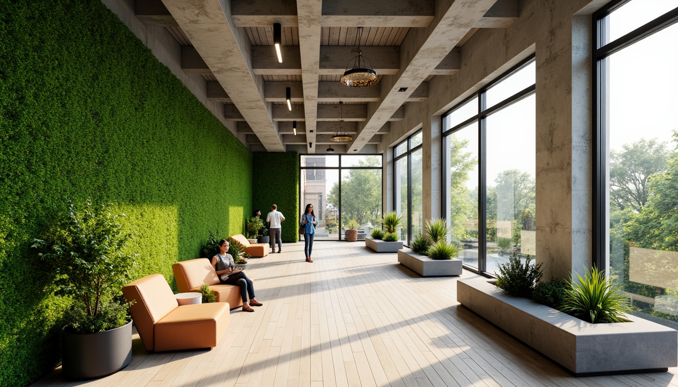 Prompt: Vibrant green walls, floor-to-ceiling windows, abundant natural light, open-plan interior, minimal artificial lighting, energy-efficient design, sustainable architecture, modern office space, collaborative work environment, wooden flooring, exposed ceilings, sleek lines, organic shapes, bright color scheme, airy atmosphere, refreshing ambiance, shallow depth of field, 1/1 composition, soft warm lighting, realistic textures.