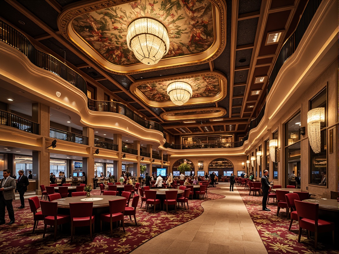 Prompt: Luxurious casino interior, ornate detailing, curved lines, flowing organic shapes, grand chandeliers, intricate moldings, gilded accents, rich velvet fabrics, jewel-toned colors, lavish furnishings, sculptural elements, stained glass ceilings, mosaic tile floors, elaborate frescoes, dramatic archways, sweeping staircases, opulent lighting fixtures, soft warm glow, shallow depth of field, 1/1 composition, realistic textures, ambient occlusion.