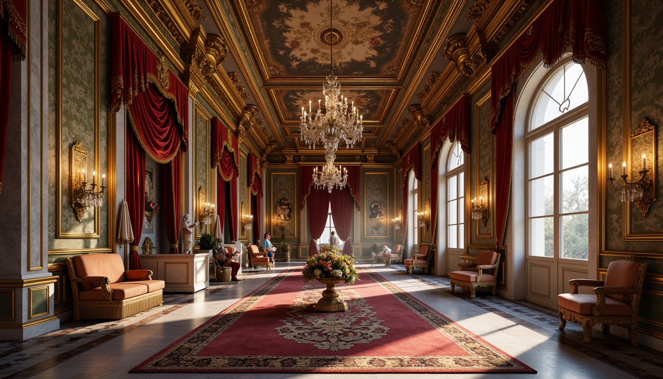 Prompt: Ornate Baroque palace, rich velvet drapes, golden filigree, intricately carved wooden panels, glossy marble floors, ornamental plasterwork, crystal chandeliers, majestic stone columns, grandiose archways, opulent tapestries, lavish furnishings, intricate mosaics, warm candlelight, soft focus, 1/2 composition, warm color palette, realistic reflections, ambient occlusion.