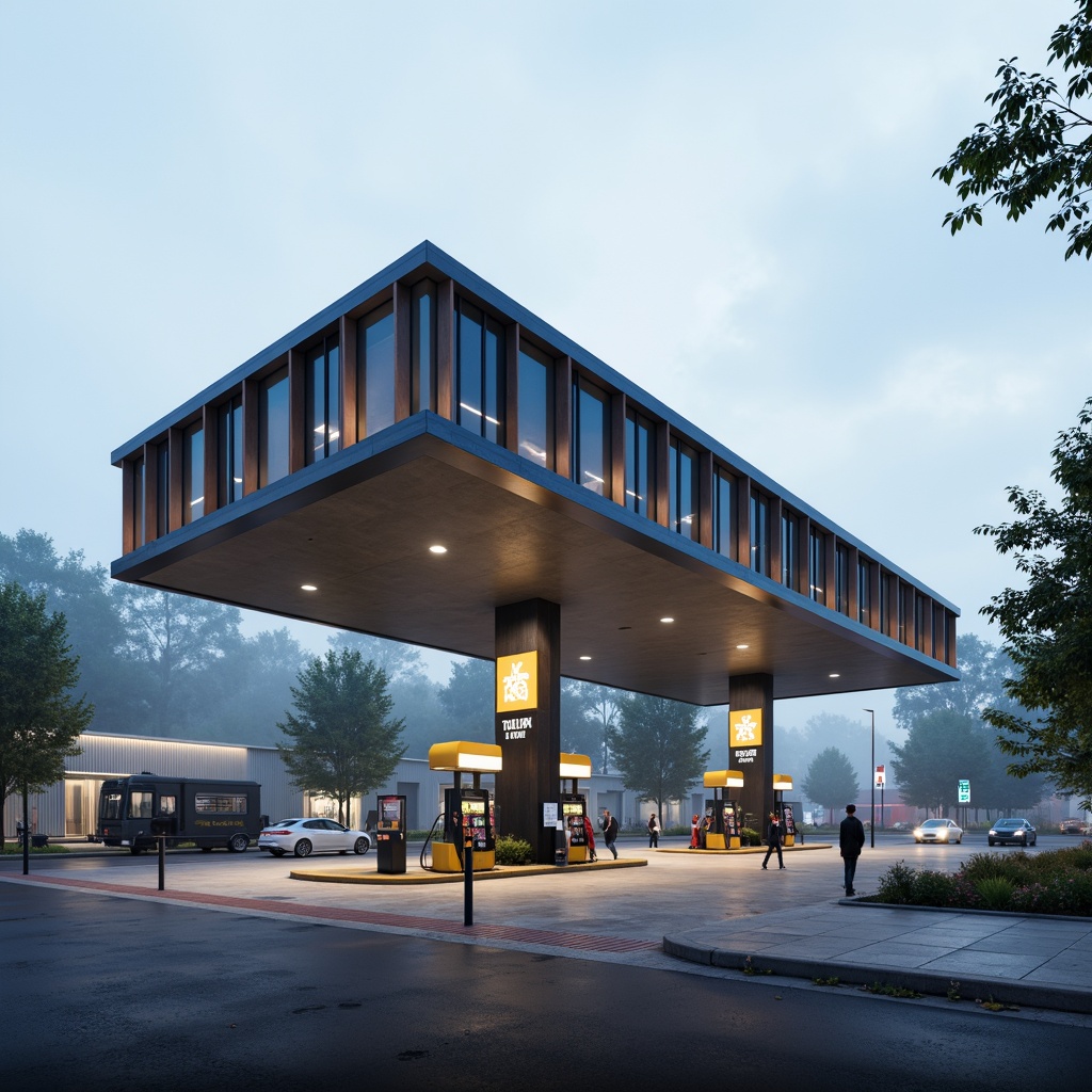 Prompt: Functionalist gas station, angular lines, rectangular shapes, industrial materials, steel beams, concrete walls, large windows, minimalist design, user-centric approach, accessible fuel pumps, intuitive navigation, clear signage, ample parking spaces, well-lit canopy, modern LED lighting, futuristic aesthetic, urban landscape, city streets, morning mist, soft natural light, shallow depth of field, 1/1 composition, realistic textures, ambient occlusion.