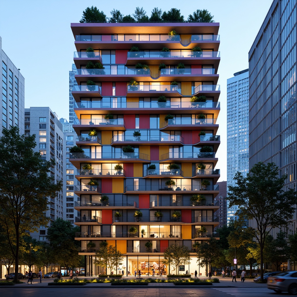 Prompt: Vibrant residential facade, experimental architecture, bold color blocking, irregular shapes, cantilevered volumes, dynamic balconies, futuristic materials, iridescent glazing, metallic accents, LED lighting installations, urban cityscape, dense vegetation, abstract murals, geometric patterns, parametric design, 3D modeling, dramatic shadows, high-contrast lighting, shallow depth of field, 1/1 composition, realistic reflections, ambient occlusion.