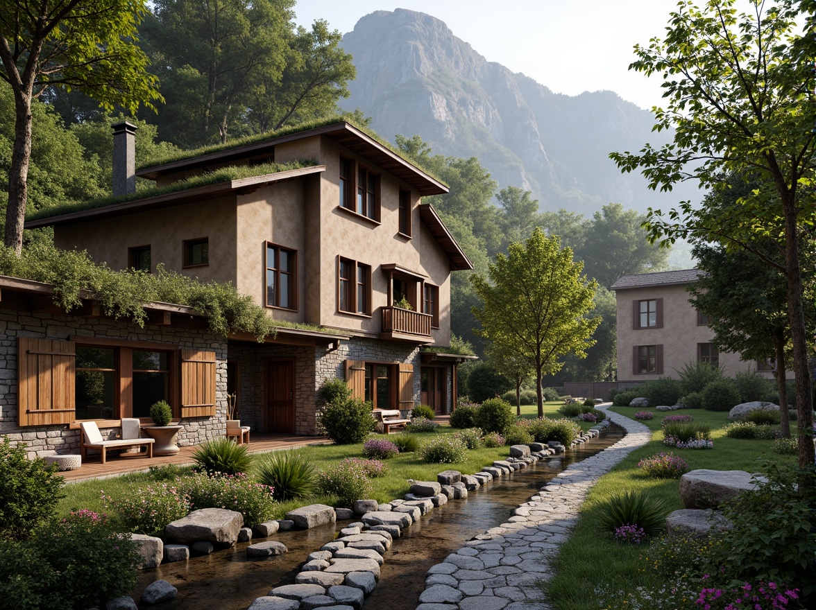 Prompt: Rustic vernacular buildings, earthy tones, natural stone walls, wooden accents, lush green roofs, overhanging eaves, traditional window frames, ornate doorways, cobblestone pathways, meandering streams, surrounding forests, misty mountains, vibrant wildflowers, warm afternoon light, soft focus, atmospheric perspective, 1/1 composition, intimate scale, organic textures, subtle color palette.