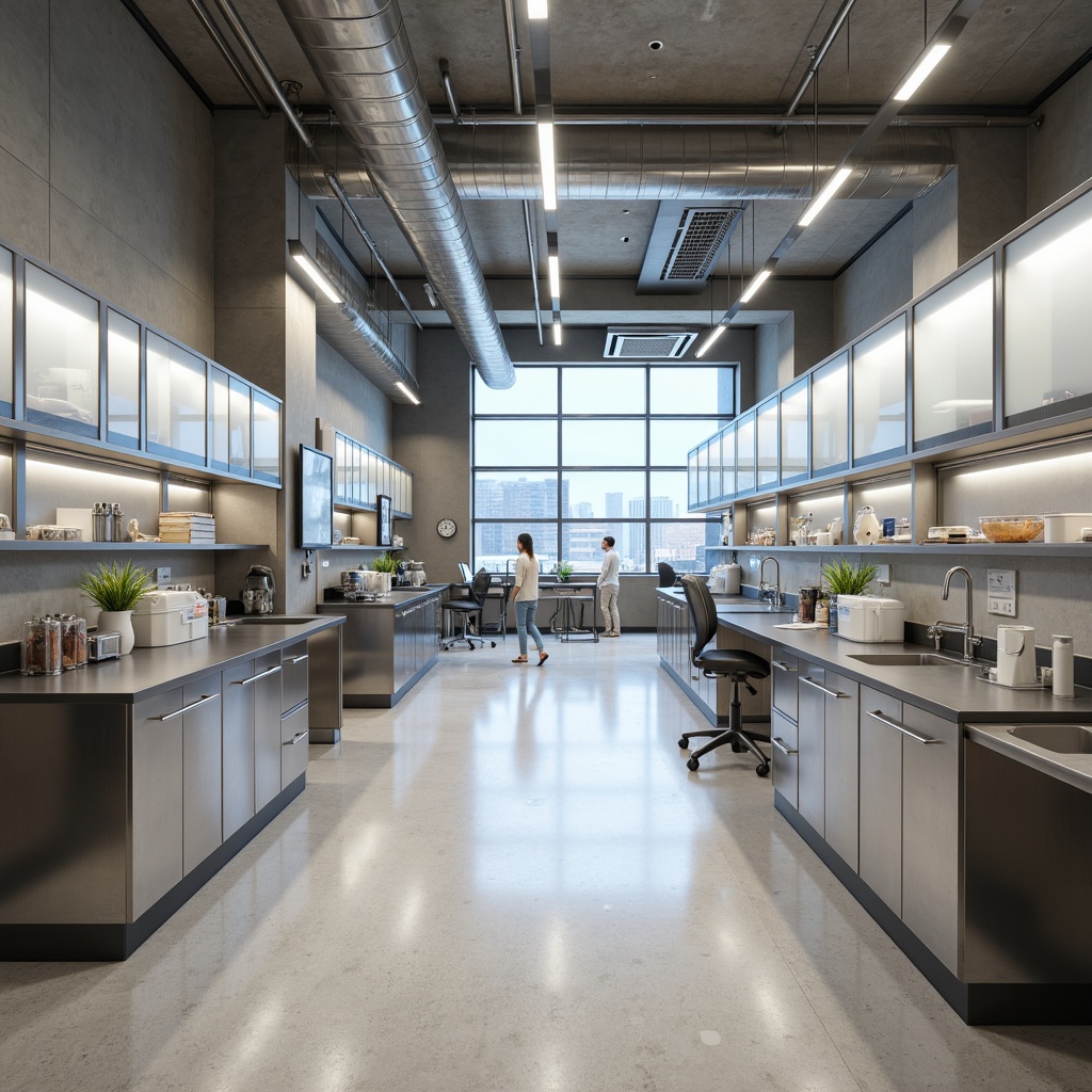 Prompt: Microbiology laboratory, academic atmosphere, neutral color palette, epoxy resin flooring, polished stainless steel workbenches, high-gloss laminate cabinets, frosted glass partitions, industrial-style lighting fixtures, exposed ductwork, concrete walls, minimalist decor, sleek metal shelving, ergonomic seating, modern scientific equipment, natural stone accents, subtle wood tones, soft ambient lighting, shallow depth of field, 1/1 composition, realistic textures, ambient occlusion.